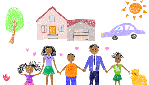 Hand drawn image of family standing in front of a house